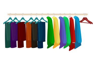 Askılardaki kıyafetler beyaz arka planda izole edilmiş. Kıyafetler ve aksesuarlar moda seti. Farklı giysili raflar. Mevsimlik satış konsepti. Kıyafet organizasyonu veya depolama. Dolap ya da gardırop için özel alan. Stok vektör illüstrasyonu