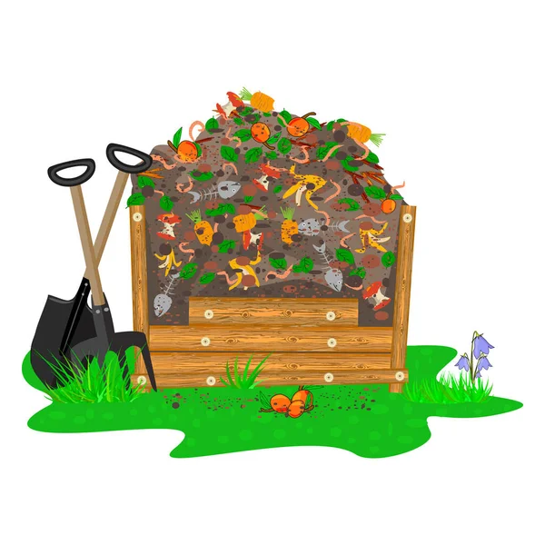 Compost box with with organic material and worms isolated on white background. Wooden bin with ground and food garbage. Organic fertilizer pile. Recycling, zero waste and composting concept. Stock vector illustration — Stock Illustration Compost Box Organic Material Worms Isolated White Background Wooden Bin Stock Illustration