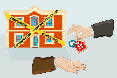 Sarı uyarı bantları ve beyaz arka planda anahtar veren elleri olan ev. Eve el konulmuş olarak etiketlendi. Konut balonu ve ipotek krizi konsepti. Gayrimenkul haczi. Stok vektör illüstrasyonu