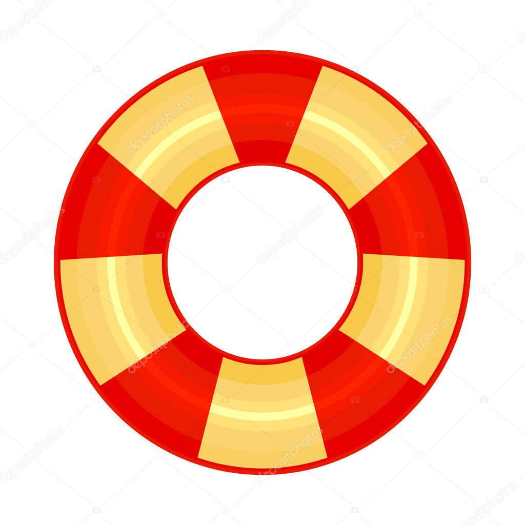 Rubber or inflatable ring isolated on white background. Colorful swim wheel icon. Inflatable float buoy. Bright yellow and red swimming circle. Vacation or holiday symbol. Top view swimming ring for ocean, sea, pool. Stock vector illustration