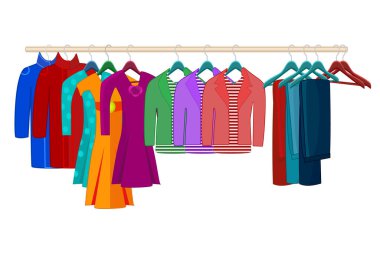 Askılardaki kıyafetler beyaz arka planda izole edilmiş. Kıyafetler ve aksesuarlar moda seti. Farklı giysili raflar. Mevsimlik satış konsepti. Kıyafet organizasyonu veya depolama. Dolap ya da gardırop için özel alan. Stok vektör illüstrasyonu