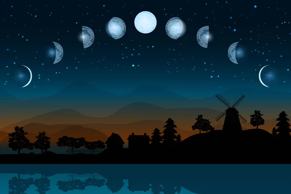 Mondphasen Ganzer Zyklus Vom Neumond Bis Zum Vollmond Cartoon Mondphase — Stockvektor