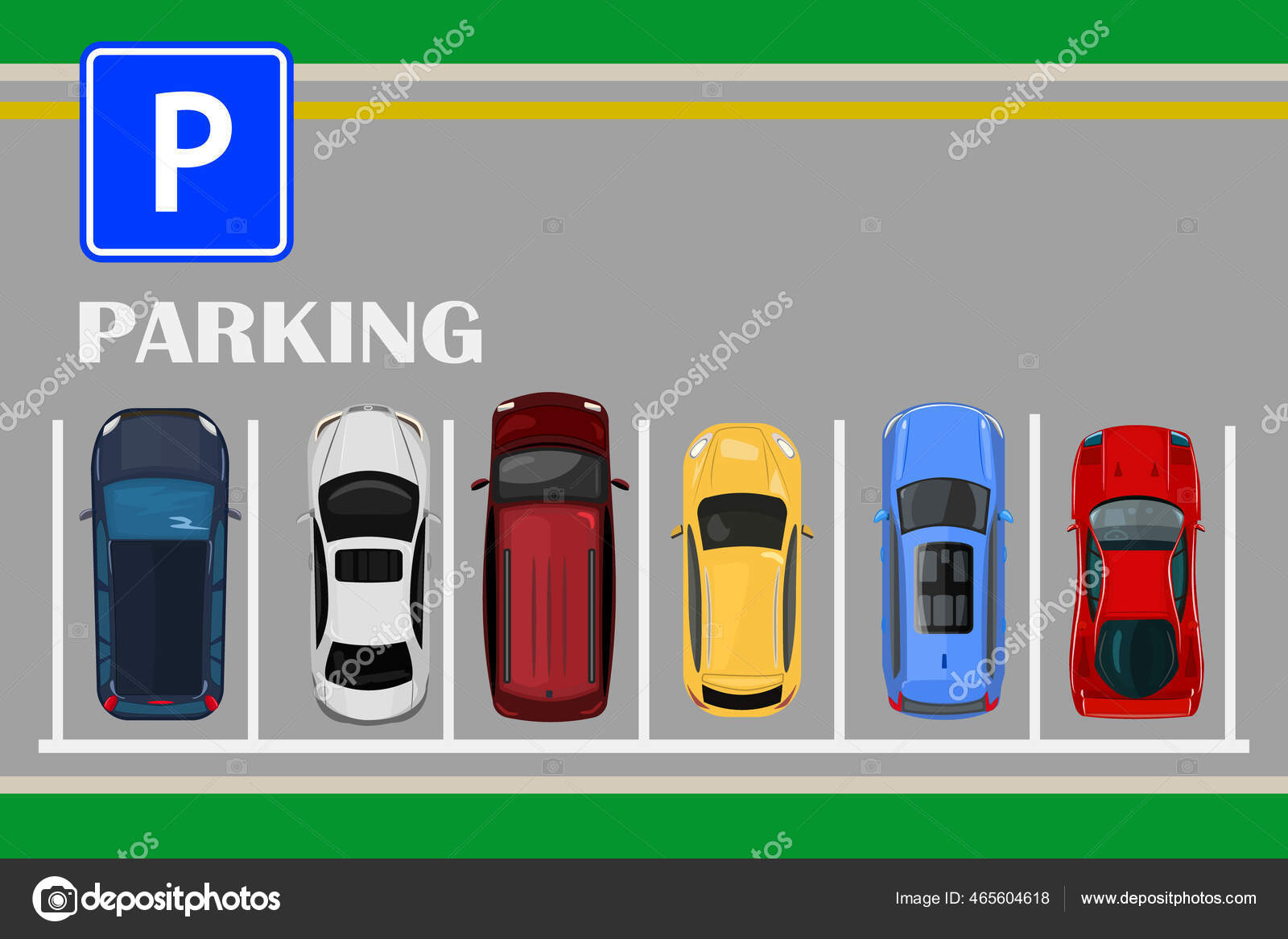 城市停车场的俯瞰图里面有一套不同的汽车公共停车场城市交通交通概念停在停车场上的有色汽车城市运输服务免费泊车海报种群矢量说明