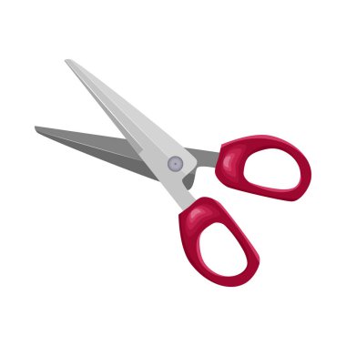 Makas beyaz arkaplanda izole edildi. Metal, kırtasiye makas simgesini açtı. Kırmızı plastik saplı makaslar. Ofis, terzi, sanat, dikiş ve okul malzemeleri. El yapımı kesme aleti. Stok vektör illüstrasyonu