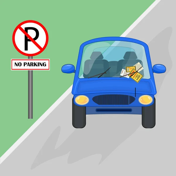 駐車違反チケット罰金は 車のフロントガラス上で ワイパーの下に配置されます 駐車場の標識はありません 駐車場はありません 罰則通知違法駐車場 ストリートルールと安全性 ストックベクトルイラスト — ストックベクタ