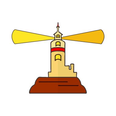 Deniz feneri beyaz arka planda izole edilmiş. Basit düz stil dizaynlı renkli işaret kulesi simgesi. Deniz feneri logosu şablonu. Ada sahilindeki deniz feneri projektörü. Meşale, gemilerin deniz navigasyonu için deniz işareti.