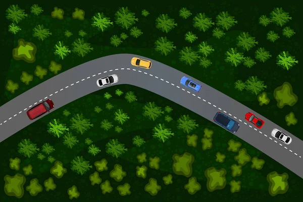 車で森の道のトップビュー 田舎道だ 異なる車両との方法 輸送設計要素 方法と車で風景の上から表示します 車の木の曲がりくねった道に沿って駆動します ストックベクトルイラスト — ストックベクタ