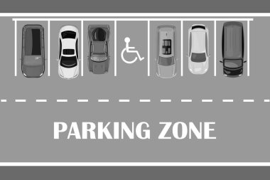 Engelliler için tek boş park yeri olan park yeri. Birçok arabalı otopark manzaralı. Ücretsiz park yeri, şehir taşıma hizmetleri. Asfalt yolda özel işareti olan engelliler için yer. Stok vektör illüstrasyonu