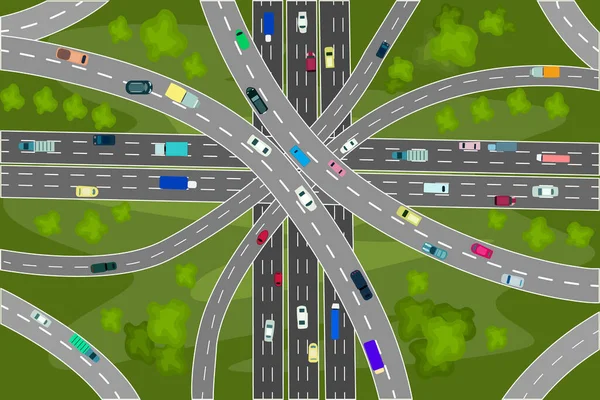 道路交叉口和桥与许多汽车顶部的视野 现代公路和交通 交叉口和立交桥 在公路或公路上行驶的车辆 繁忙的交通流量 高速高速公路与汽车 种群矢量说明 — 图库矢量图片