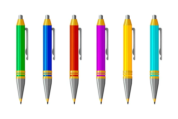把钢笔隔离在白色背景上 有帽子的彩色办公室圆珠笔 五彩斑斓的钢笔 书写工具或学校文具配件 设计模板 文具笔模 种群矢量说明 — 图库矢量图片