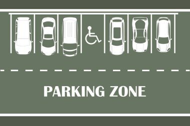 Park yeri afişi. Yeşil arka plan üzerinde park tasarımı. Beyaz arabalar siluet üst görünüm. Birçok araba park etti. Minimalist tarzda park alanı posteri. Açık otoparkı ve araçları olan bir yol. Stok vektör illüstrasyonu