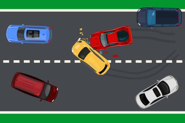 İki araba kazası manzarası. Araç yolda çarpıştı. Araba kazası konsepti. Düşen nakliye aracıyla otoyol. Otobanın arka tarafında kırmızı ve sarı araba kırılmış. Otomobil sigortası. Stok vektör illüstrasyonu