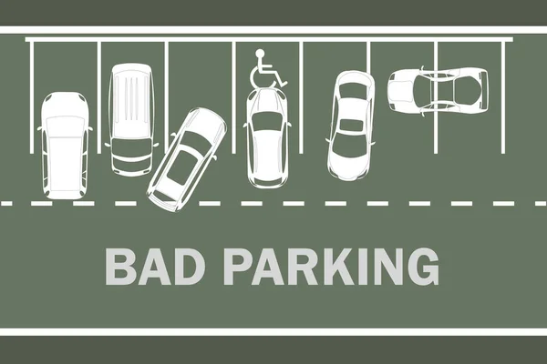 Parkeringsplats Med Dåliga Parkerade Bilar Rätt Och Fel Parkering Exempel — Stock vektor