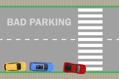Kötü park. Araba yaya geçidine park edilmiş. Arabaların üst görüntüsü. Kötü ya da yanlış araba parkı. Trafik yönetmelikleri. Yol kuralları böyle. Uygun park edilmemiş otomobil. Şehir altyapısı. Stok vektör illüstrasyonu