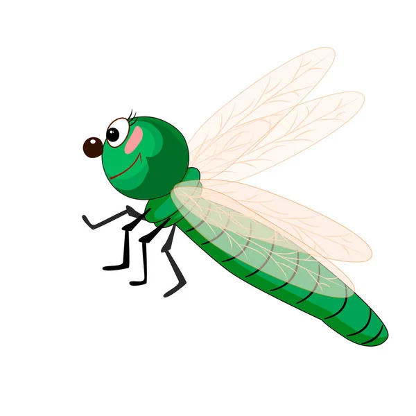 トンボは白い背景に孤立した 漫画面白い緑トンボ ドラゴンは大きな目と黄色の翼で飛ぶ かわいい虫のアイコン 昆虫のキャラクター 友好的なカブトムシのマスコット ストックベクトルイラスト — ストックベクタ