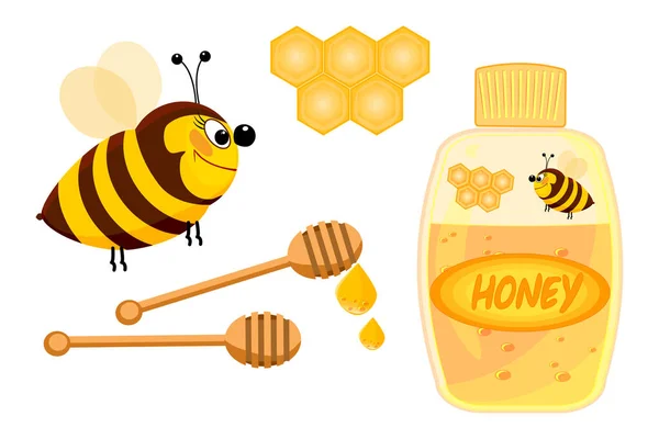 Objeto Conjunto Miel Aislado Sobre Fondo Blanco Abeja Tarro Miel — Vector de stock