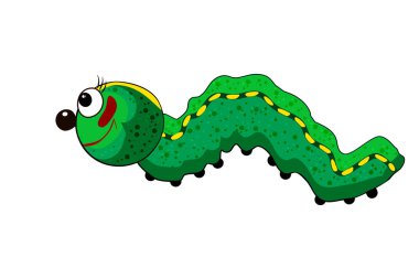Tırtıl beyaz arka planda izole edilmiş. Maskot karakteri yeşil larva. Tatlı çizgi film larvası. Mutlu gülümseyen solucan. Komik kelebek pupası. Eğlenceli kırkayak seni. Güzel böcek ikonu. Bahçe paraziti. Stok vektör illüstrasyonu