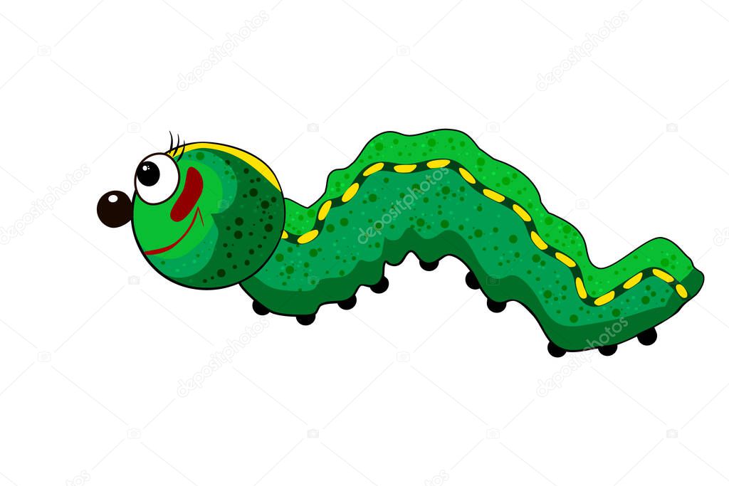 Caterpillar isolated on white background. Mascot character green grub. Cute cartoon larva. Happy smiling worm. Funny butterfly pupa. Amusing centipede. Lovely bug icon. Garden parasite. Stock vector illustration