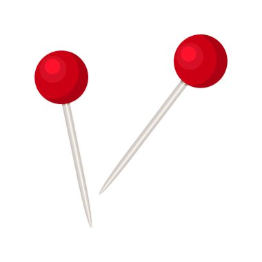 Pin beyaz arkaplanda izole edilmiş. Plastik yuvarlak kırmızı düğmeli metal bir iğne. Uyarı panosu için kırmızı raptiye. Kağıt tebligatı için iğne dikmek ya da iğne basmak. Ofis için raptiye. Stok vektör illüstrasyonu