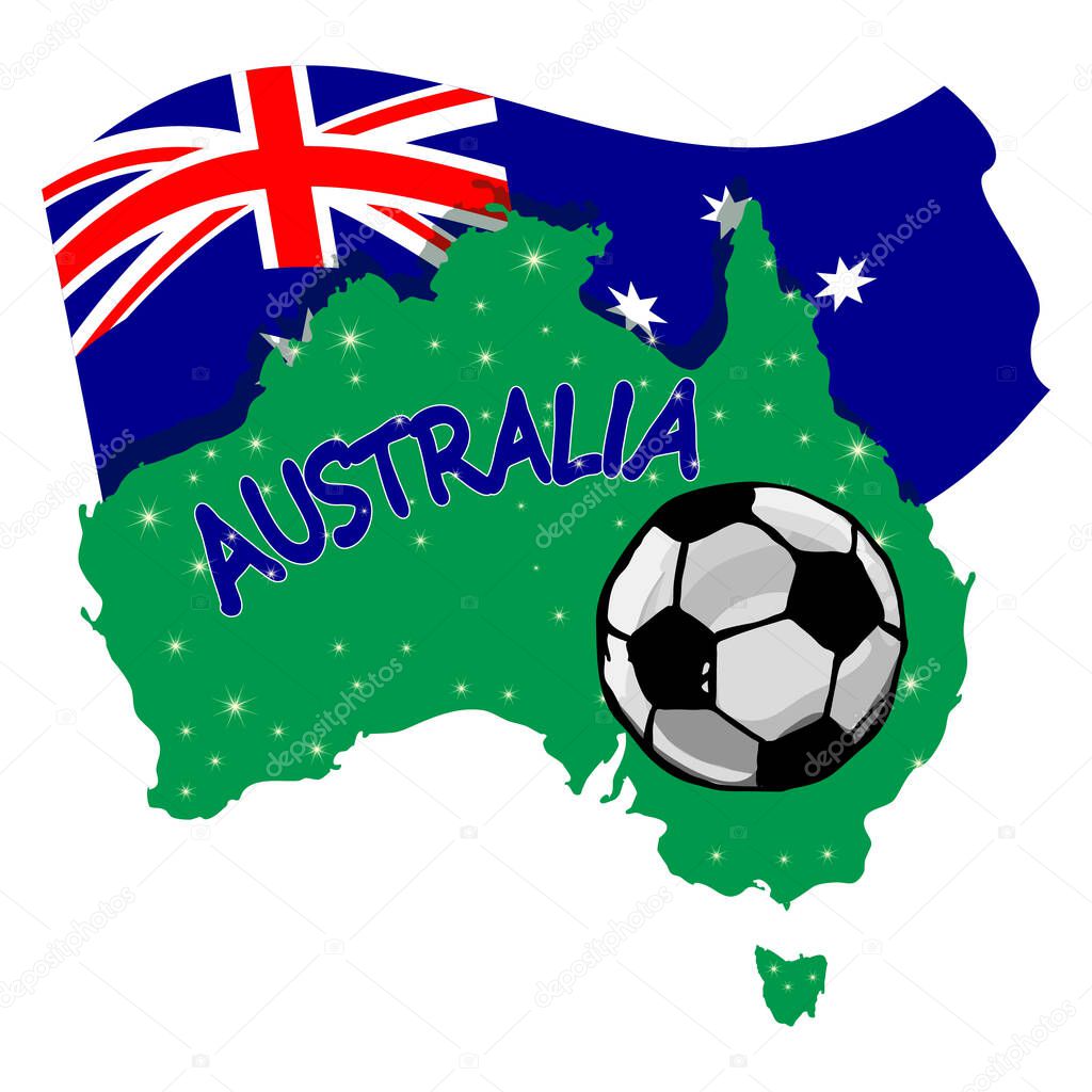 Soccer ball with australia continent and flag isolated on white background. Australian football concept. Australia national football team. Banner with map of Australia with soccer ball. Stock vector illustration