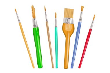 Sanat fırçaları beyaz arkaplanda izole edildi. Çizim ve resim aletleri. Resim yapmak için boya fırçaları. Kırtasiye malzemeleri. Ofis, eğitim ve ev eşyaları. Sanat malzemeleri. Stok vektör illüstrasyonu