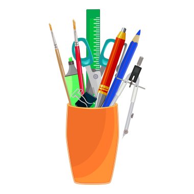 Beyaz arka planda izole edilmiş okul kırtasiyesi olan kalemlikler. Okul konseptine geri dönelim. Ofis, eğitim ve plastik bardakta ev malzemeleri. Masaüstü düzenleyicisi. Stok vektör illüstrasyonu