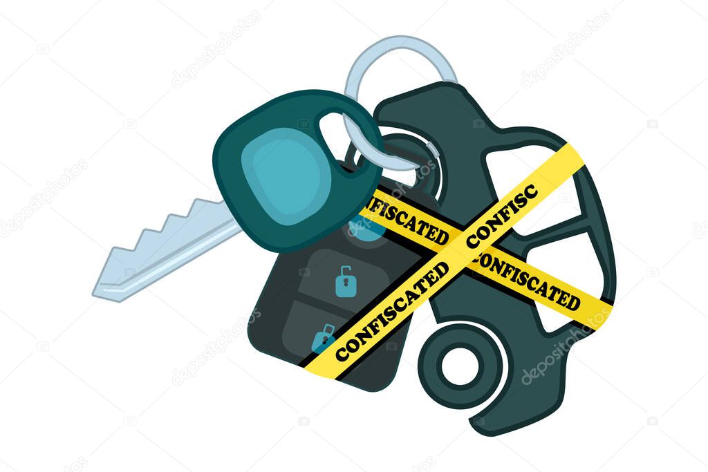 Car keyring and key with yellow warning tapes isolated on white background. Automobile is labelled as confiscated. Confiscation of  property or mortgage crisis concept. Stock vector illustration