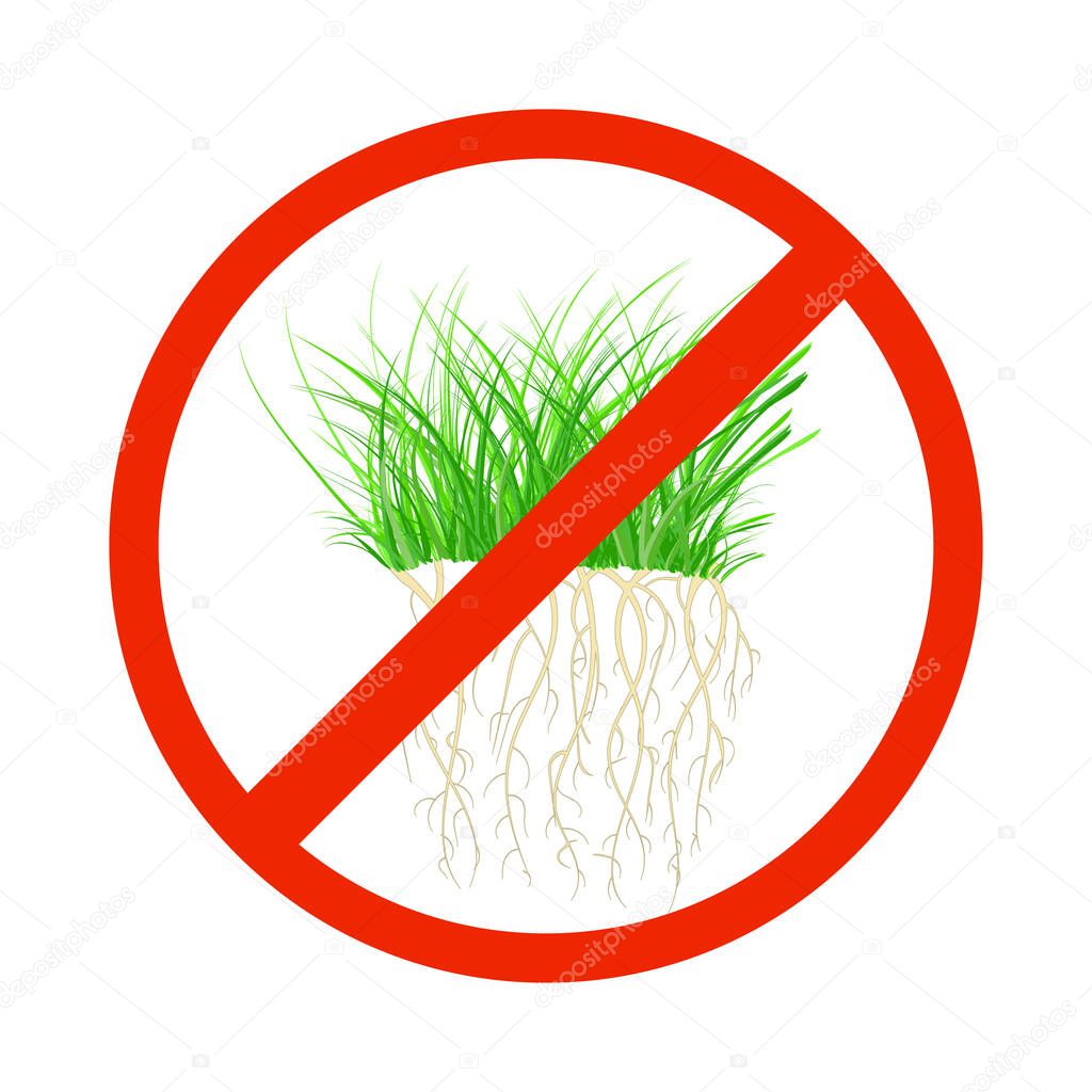 Weed control sign isolated on white background. Grass in round ban icon. Garden protection and maintenance. Weed removal equipment label. Stock vector illustration