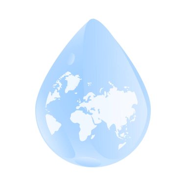 Su damlası içindeki dünya haritası beyaz arkaplanda izole edilmiş. Dünya küresi olan su ya da yağmur damlası. Su kaynakları kavramı. Dünya su günü. Suyu saklayın ve koruyun. Stok vektör illüstrasyonu