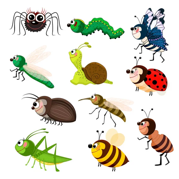 Cartoon Insect Set Isolated White Background Funny Smiling Bugs Colorful — Stock Vector