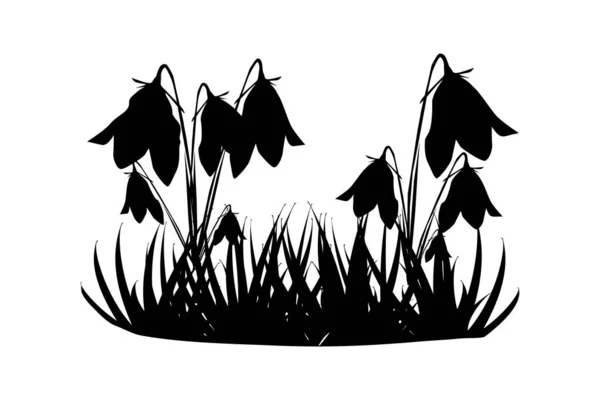 Silhouette Grass Flowers Isolated White Background Meadow Wild Herbs Bluebells — 스톡 벡터