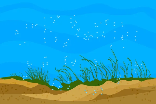 Ocean Bottom Landscape Underwater Background Grass Silhouettes Shiny Air Bubbles — 스톡 벡터