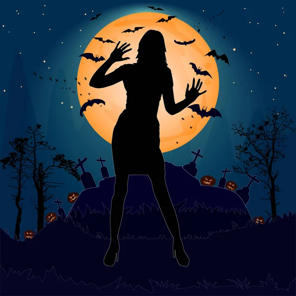 Fond Nuit Halloween Avec Silhouette Femme Château Effrayant Lune Croix — Image vectorielle