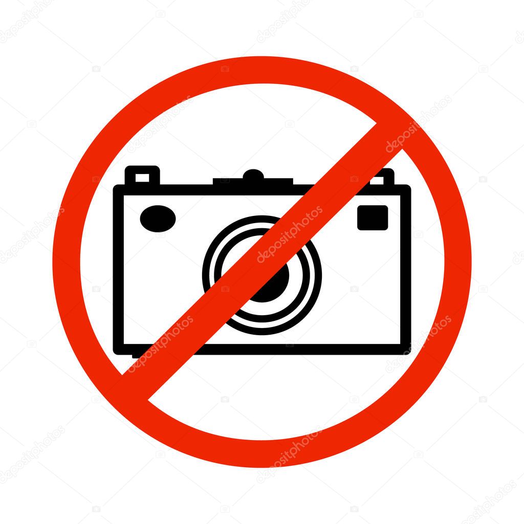 Prohibition sign No photography isolated on white background. Camera prohibited symbol. Warning sign forbidden to take pictures. Round ban photo icon in simple flat design style. Stock vector illustration