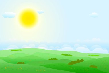 Yeşil tepeli yaz tarlaları, parlak mavi gökyüzü, güneş ve bulutlar. Güzel kırsal doğa. Kır manzarası. Vadi manzarası. Tarım arazisi. Stok vektör illüstrasyonu