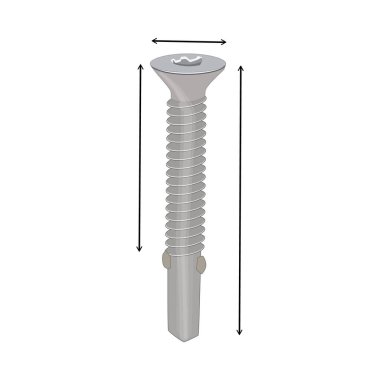 Screw isolated on white background. Stainless steel bolt. Lock helix icon. Screw with space for dimensions. Self tapping screw for wood. Stock vector illustration