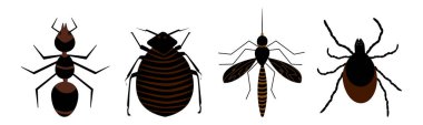 Harmful insects set icon isolated on white background. Signs and symbols of pests, tick, ant, fleas and mosquito. Insect repellent or pest control, extermination, removal services. Stock vector illustration