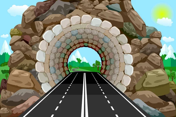 Tunnel Med Motorväg Och Berg Vid Utgången Vägen Motorvägstunnelväg Bergslandskap — Stock vektor