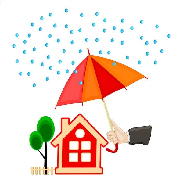 Hand Hält Einen Regenschirm Schützenden Haus Isoliert Auf Weißem Hintergrund — Stockvektor