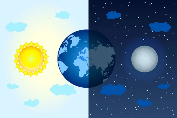 暗いと輝く惑星 太陽と月とのエクイノックスの概念 秋分の日 昼と夜のデザイン 地球の季節 季節ごと 国際占星術の日 ストックベクトルイラスト — ストックベクタ