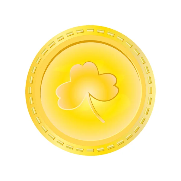 Zlatá Mince Jetelem Izolované Bílém Pozadí Peníze Den Svatého Patrika — Stockový vektor