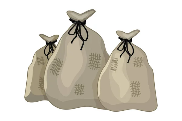 バッグは白い背景に隔離された ３つの古い茶色の袋 収穫のための袋の完全なポケット リネンキャンバスバッグタイロープ クリスマスプレゼントでお菓子 堆肥または土の梱包 ストックベクトルイラスト — ストックベクタ
