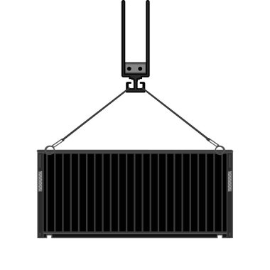 Nakliye konteynırı simgesi beyaz arkaplanda izole edildi. Crane kargo konteynırını tutuyor. Lojistik ve ulaşım sembolü veya logo ögesi düz bir şekilde. Mal yükleme tabelası. Stok vektör illüstrasyonu