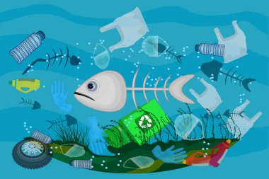 Okyanus kirliliği, ölü deniz, kirli su, balık kemikleri, yüz maskeleri, plastik şişeler ve torbalarla dolu bir poster. Okyanusta plastik atık. Çöp dolu suda yüzen ölü balıklar. Okyanusu kurtar. Stok vektör illüstrasyonu
