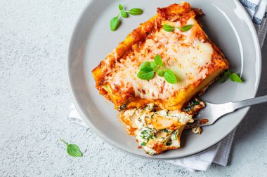 Gri tabakta bir parça ricotta ve ıspanaklı cannelloni. İtalyan gıda konsepti.