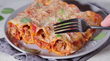 Etli, domates soslu ve peynirli geleneksel cannelloni.