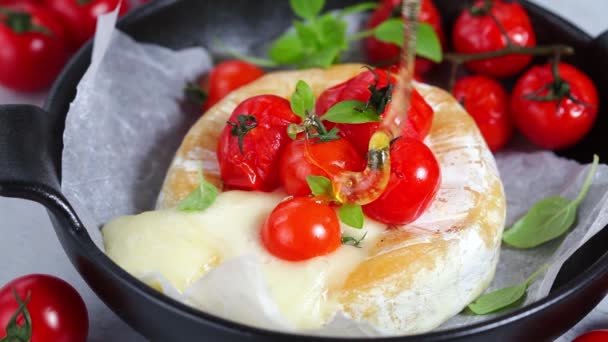 Despeje mel cozido Camembert ou queijo Brie com tomates — Vídeo de Stock
