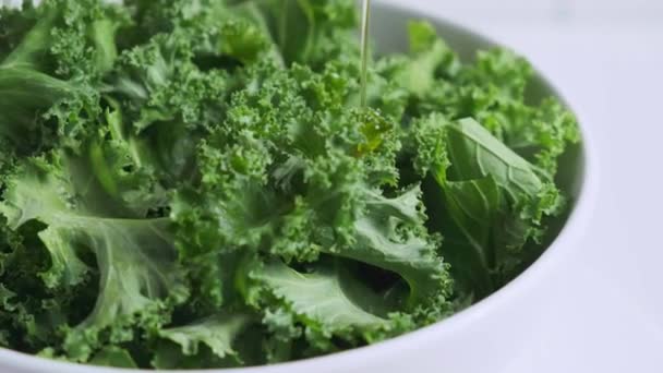 신선 한 녹색 케일 샐러드와 올리브유가들어간 흰 그릇. 건강에 좋은 식품 개념. — 비디오