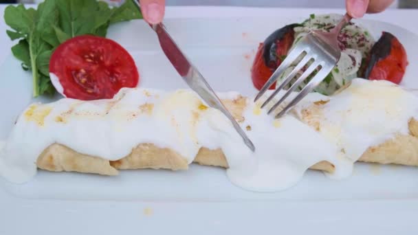 Турецкое мясное блюдо - шашлык адана с йогуртовым соусом и пита-хлебом. — стоковое видео
