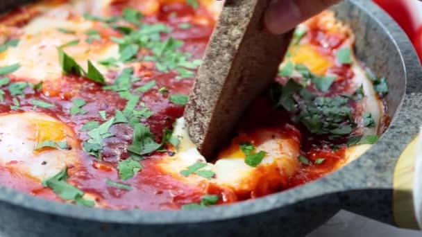 Traditionelle israelische Shakshuka in der Pfanne. Gebratene Eier in Tomatensauce, Nahaufnahme. — Stockvideo